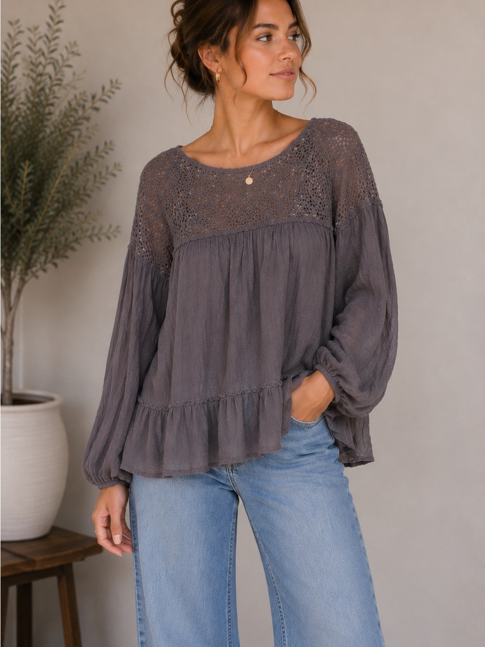 Entro Gray Crochet Yoke Peasant Blouse Size Small Boho Tiered Top